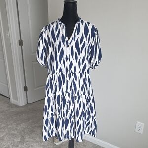 Mlle Gabrielle Navy and White Leaf Print Midi Dress